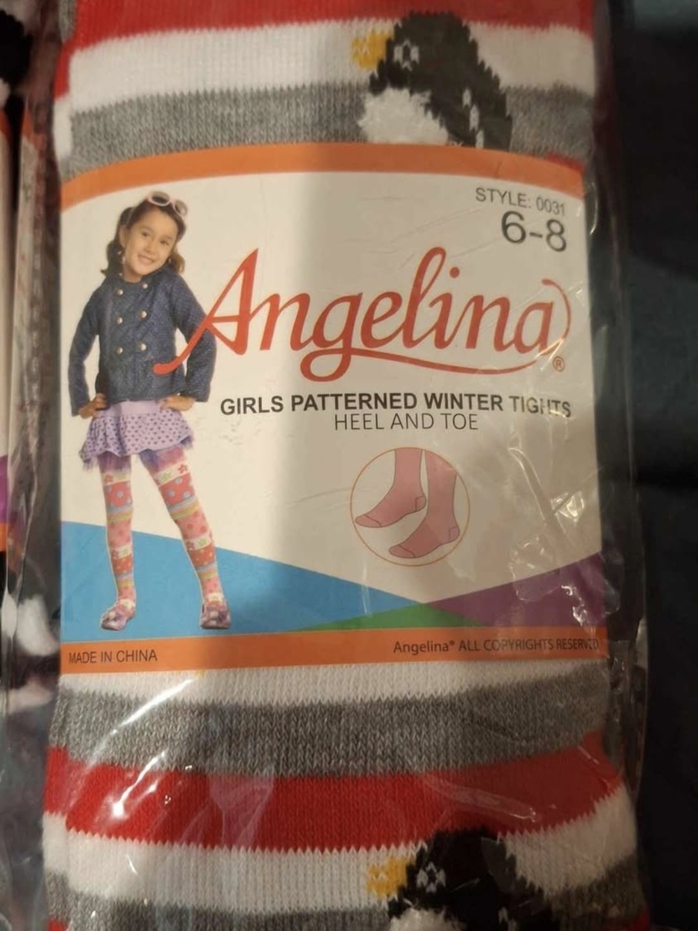 Angelina Girls' Striped Penguin Winter Tights - Red, White,Gray 6-8 Bundle Of 4